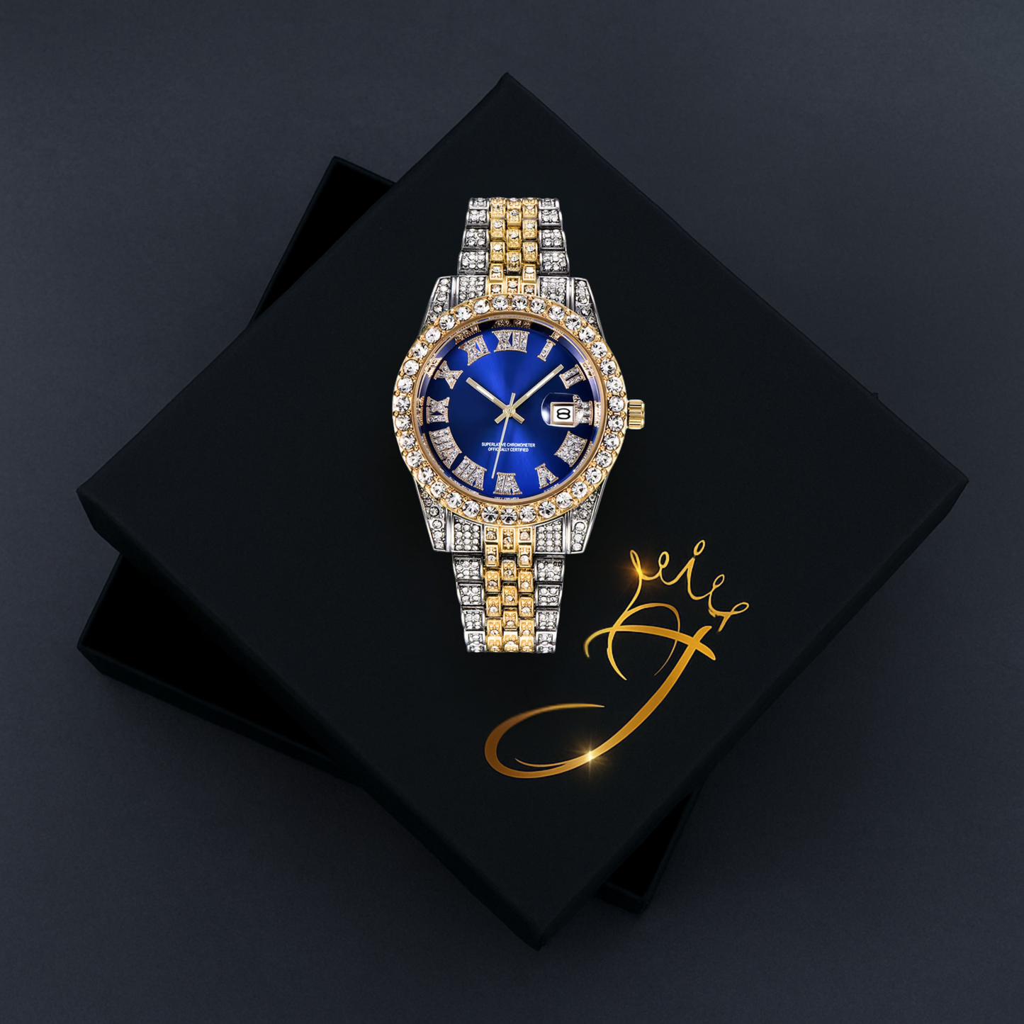 Blue Royal Dial Diamond and Gold Watch – Fully Iced Out Luxury Edition