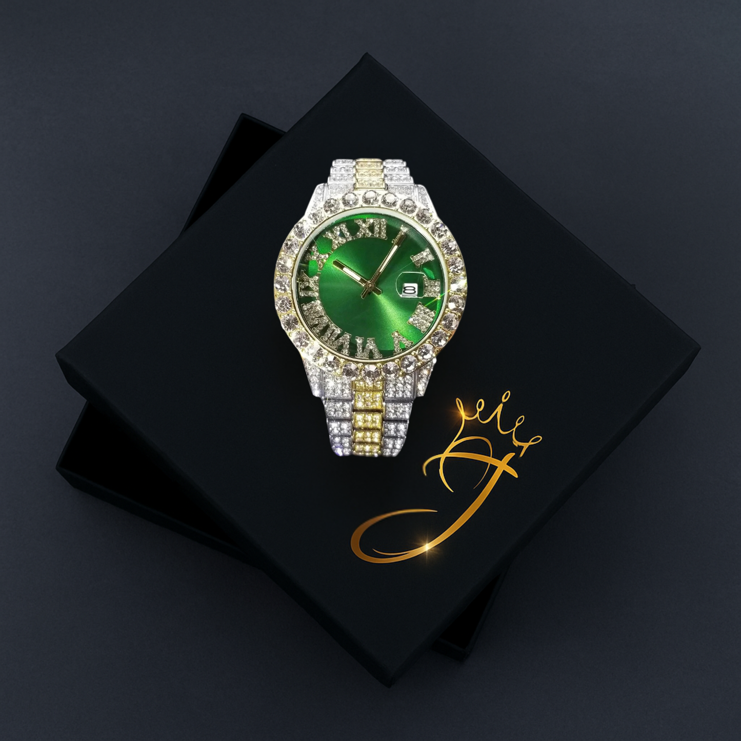 Green Royal Dial Diamond and Gold Watch – Fully Iced Out Luxury Edition
