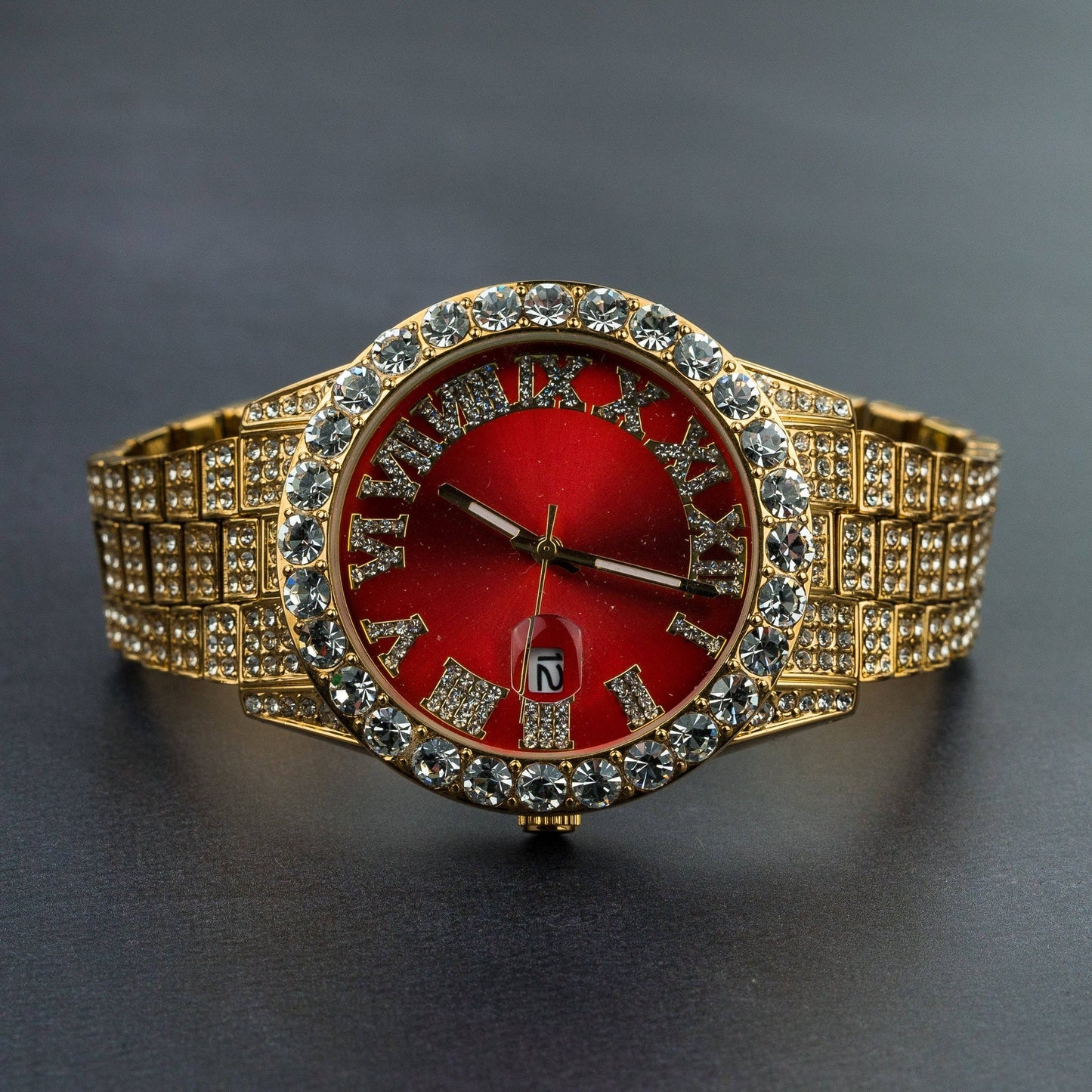 Red Royal Dial Gold Watch – Fully Iced Out Luxury Edition