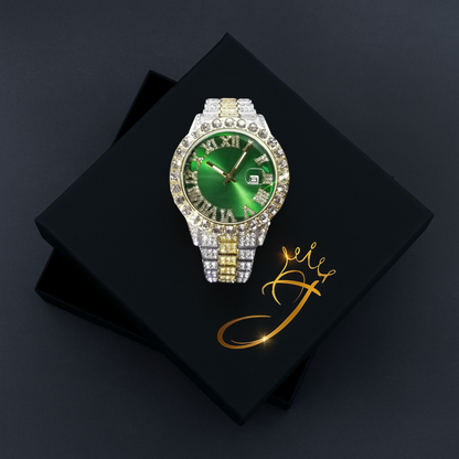 Green Royal Dial Diamond and Gold Watch – Fully Iced Out Luxury Edition