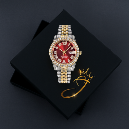 Red Royal Dial Diamond and Gold Watch – Fully Iced Out Luxury Edition