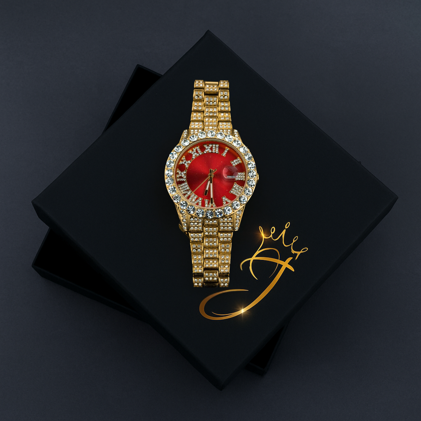 Red Royal Dial Gold Watch – Fully Iced Out Luxury Edition
