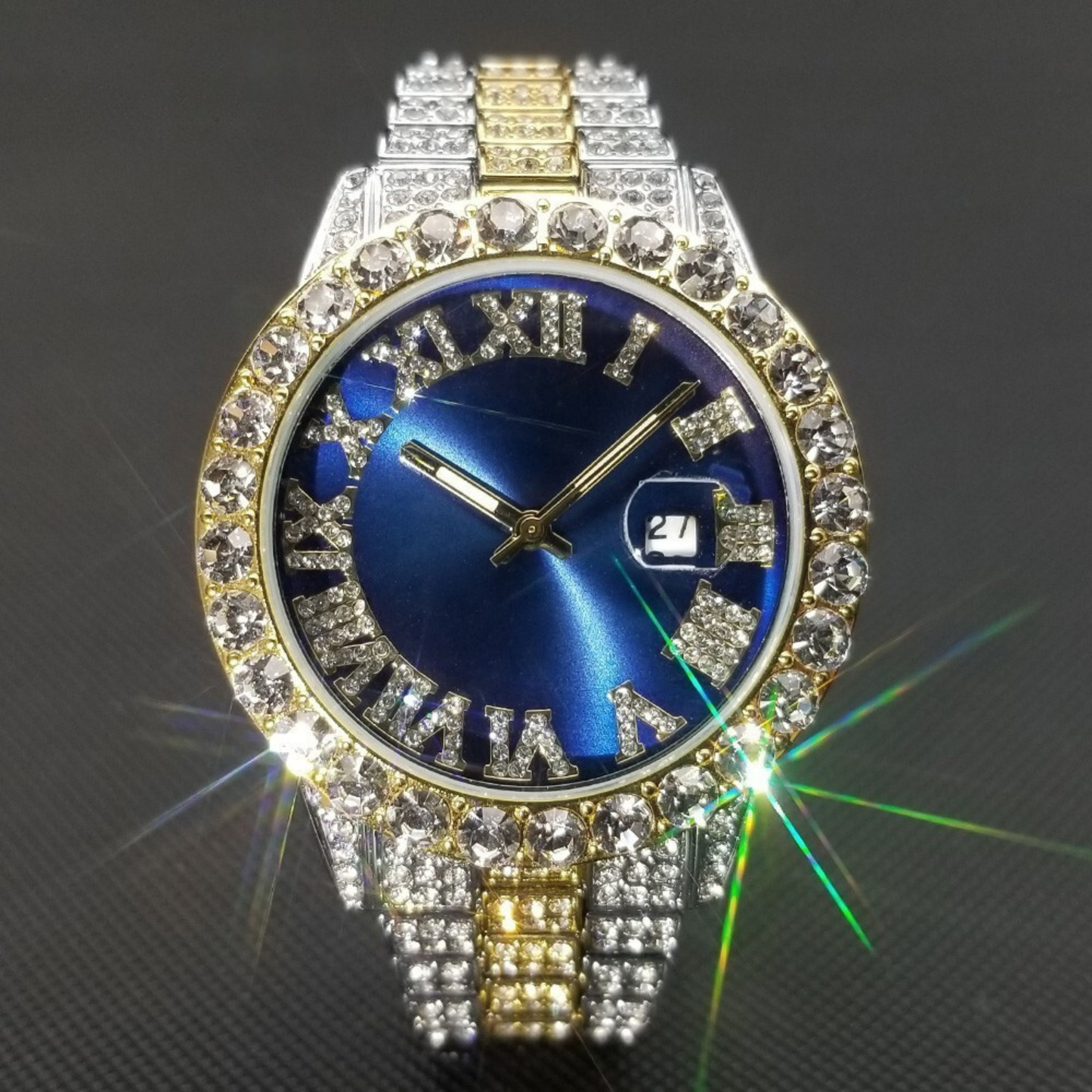 Blue Royal Dial Diamond and Gold Watch – Fully Iced Out Luxury Edition