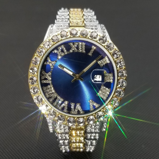 Blue Royal Dial Diamond and Gold Watch – Fully Iced Out Luxury Edition
