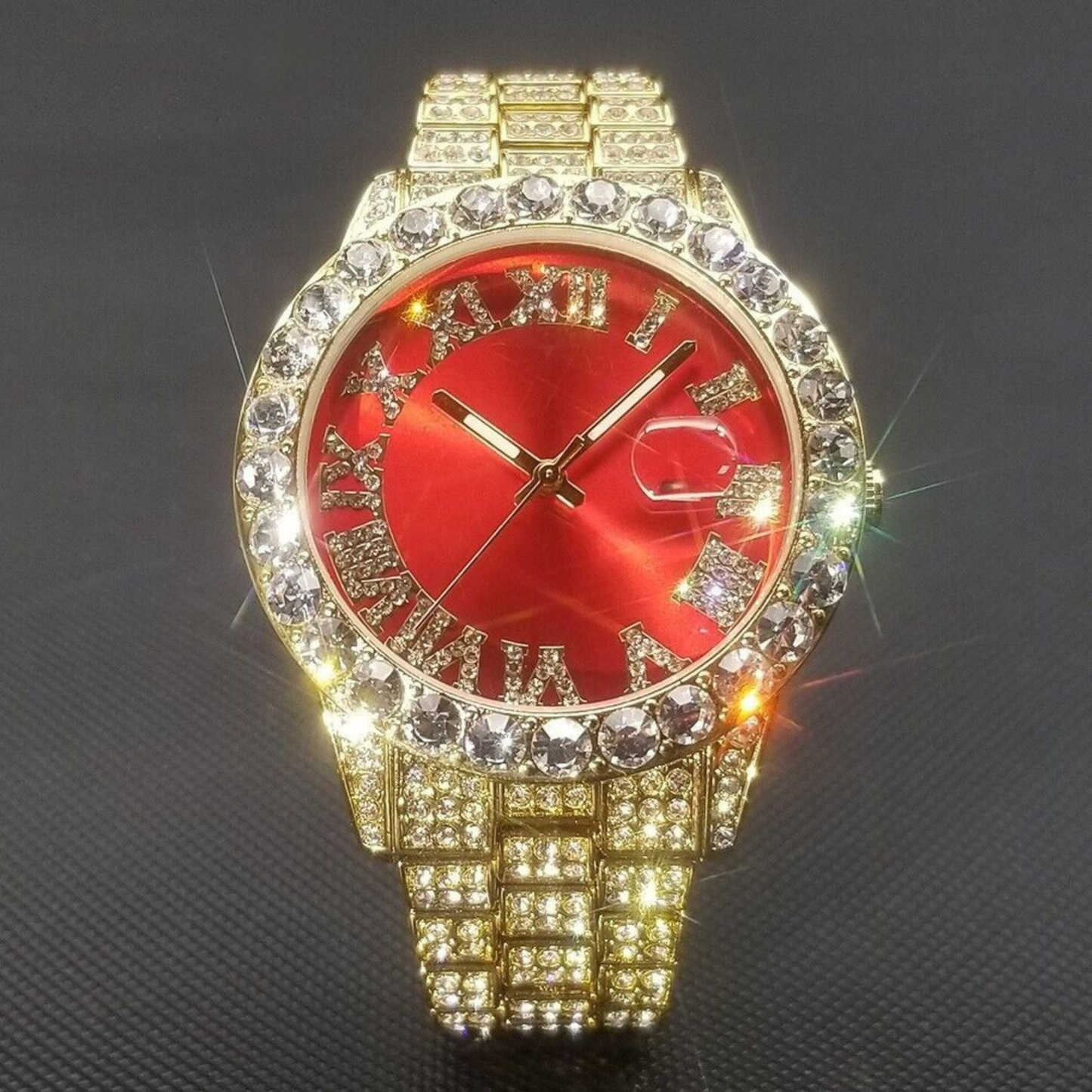 Red Royal Dial Gold Watch – Fully Iced Out Luxury Edition