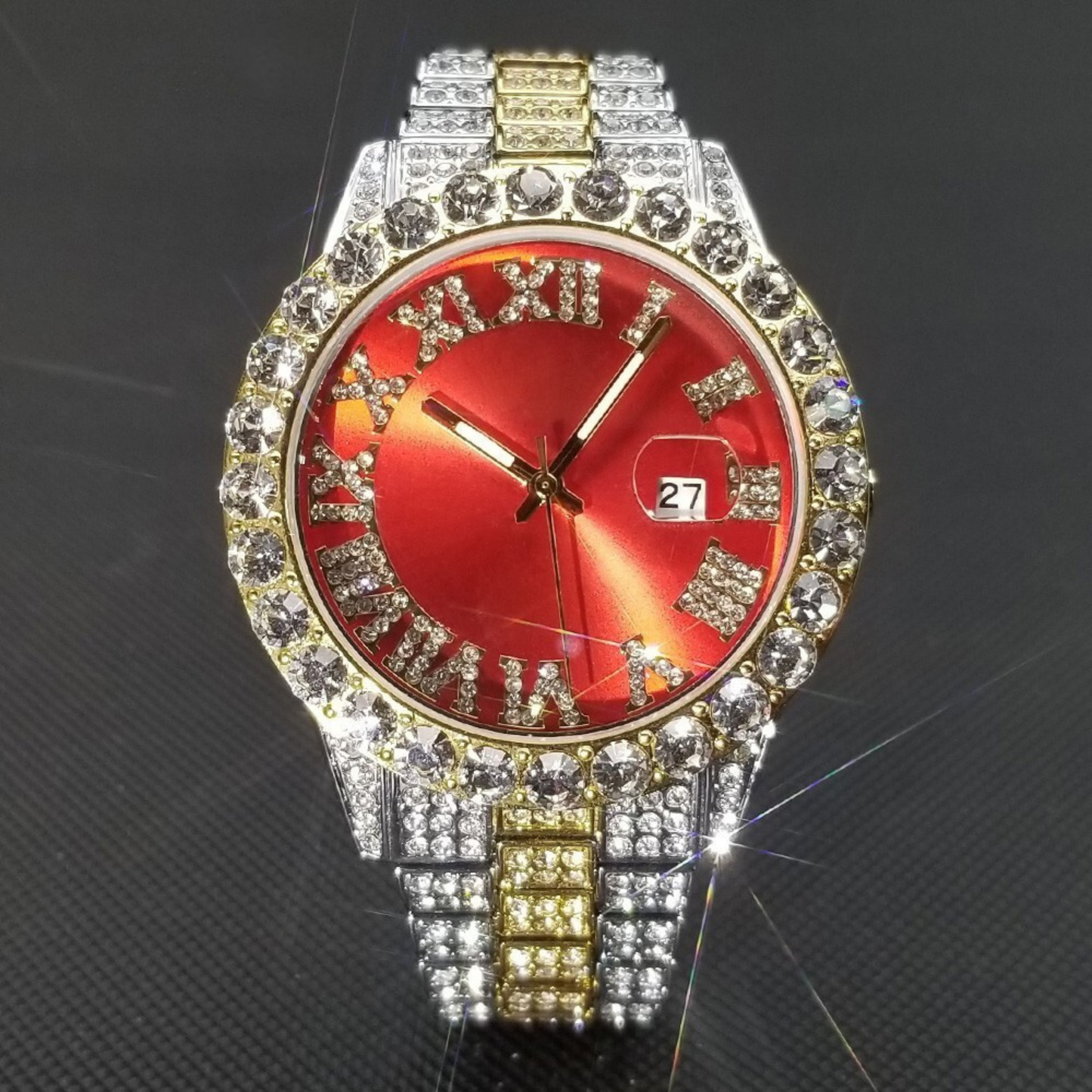 Red Royal Dial Diamond and Gold Watch – Fully Iced Out Luxury Edition