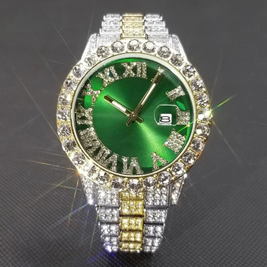 Green Royal Dial Diamond and Gold Watch – Fully Iced Out Luxury Edition