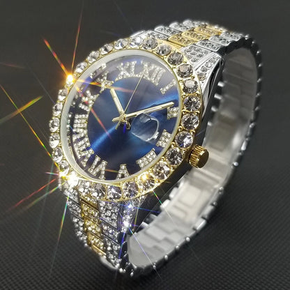 Blue Royal Dial Diamond and Gold Watch – Fully Iced Out Luxury Edition