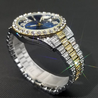 Blue Royal Dial Diamond and Gold Watch – Fully Iced Out Luxury Edition