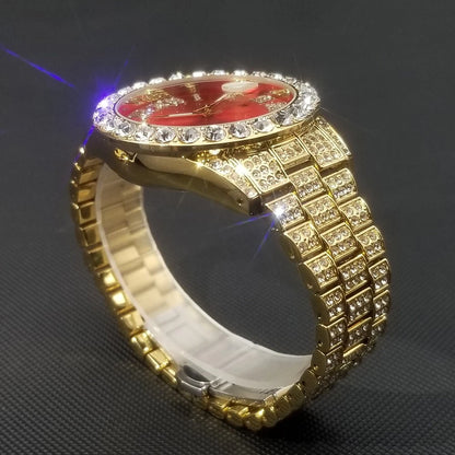 Red Royal Dial Gold Watch – Fully Iced Out Luxury Edition