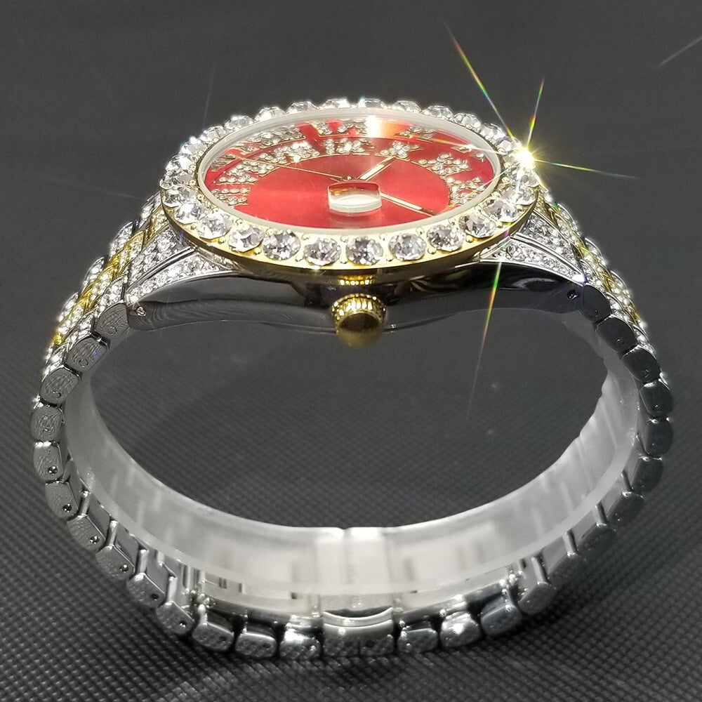 Red Royal Dial Diamond and Gold Watch – Fully Iced Out Luxury Edition