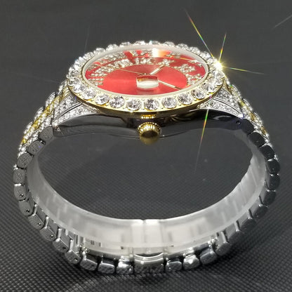 Red Royal Dial Diamond and Gold Watch – Fully Iced Out Luxury Edition