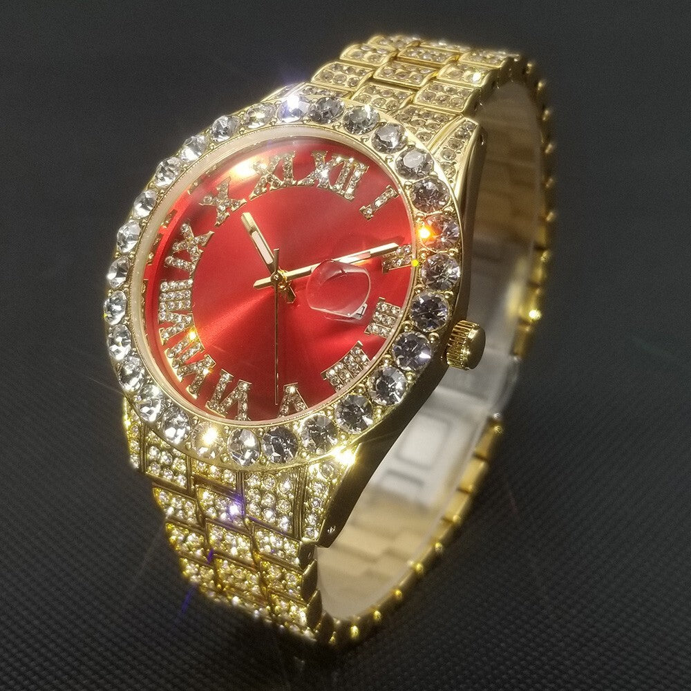 Red Royal Dial Gold Watch – Fully Iced Out Luxury Edition