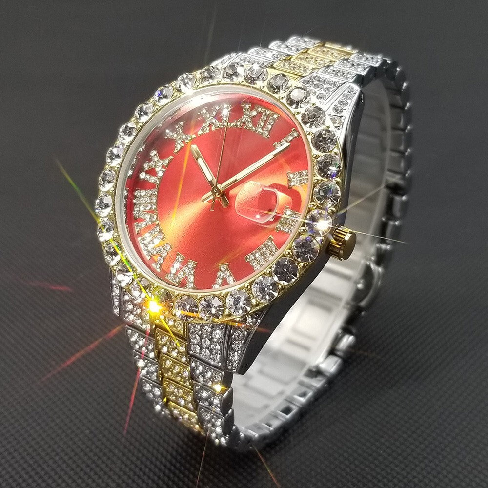 Red Royal Dial Diamond and Gold Watch – Fully Iced Out Luxury Edition