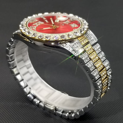 Red Royal Dial Diamond and Gold Watch – Fully Iced Out Luxury Edition