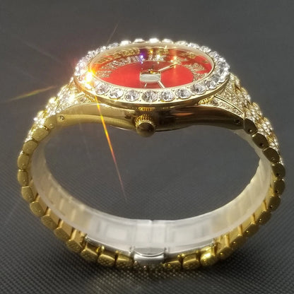 Red Royal Dial Gold Watch – Fully Iced Out Luxury Edition